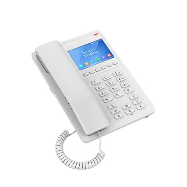 A modern white office telephone with a digital display screen and a coiled handset cord, isolated on a white background.
