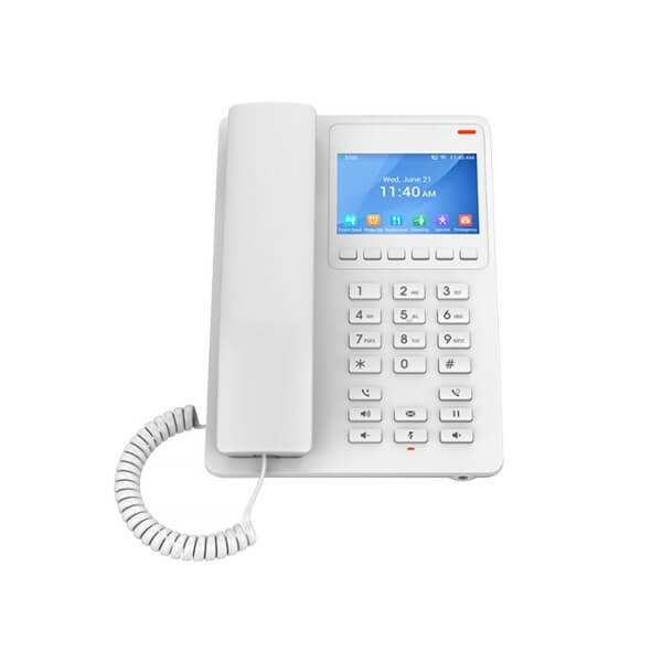 A modern white IP telephone with a digital screen displaying date and time, connected to a handset via a coiled cable, isolated on a white background.