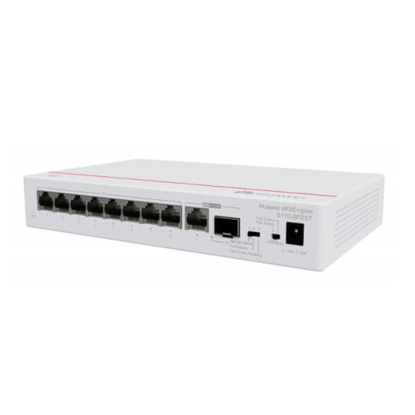 A white Huawei network switch with multiple Ethernet ports.
