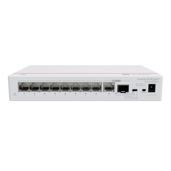 Front view of a white Huawei Ethernet switch with multiple ports.