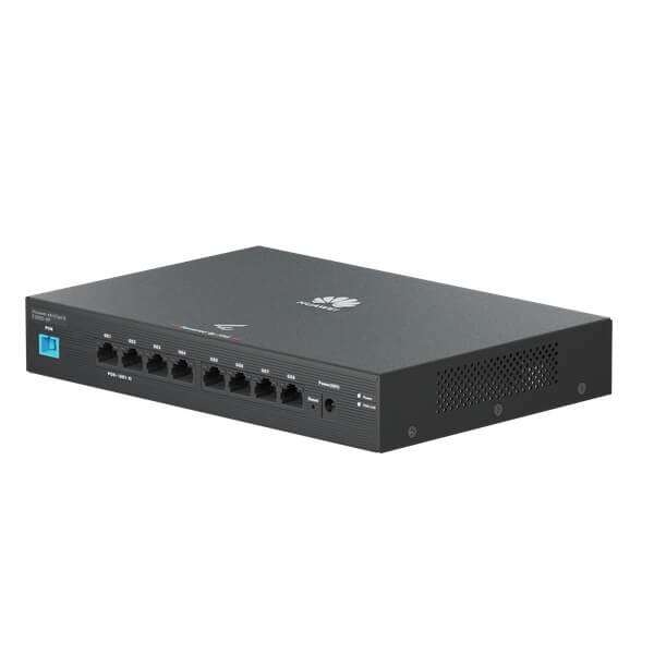 A black network switch with multiple Ethernet ports on a white background