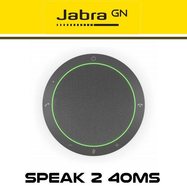 Top view of a Jabra GN Speak 2 40MS portable conference speaker with green highlights and touch controls on a yellow background.