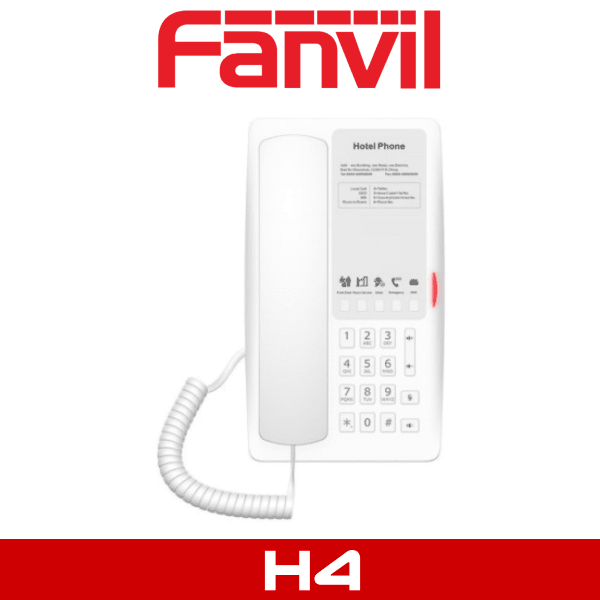 A Fanvil branded hotel phone with service buttons and numeric keypad, model H4, displayed against a white background.