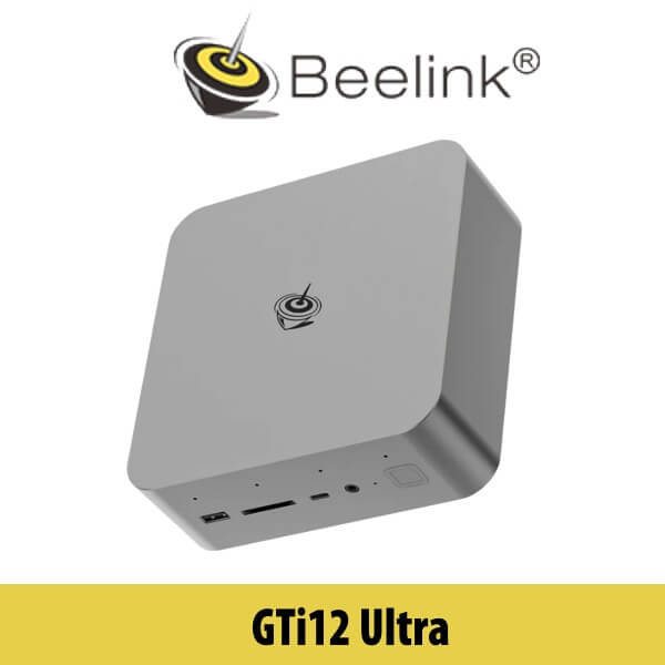 A high-end Beelink GTI12 Ultra desktop computer is showcased in front of the iconic Dubai skyline, featuring sleek modern architecture and vibrant city lights.