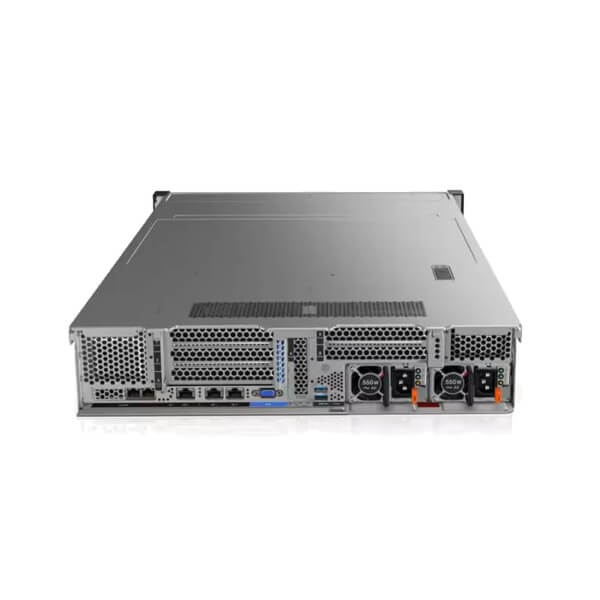 A close-up of the rear panel of a server, showcasing ports, power connectors, and ventilation grills.