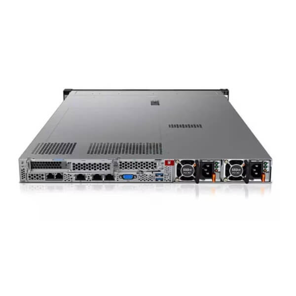 A metallic server rack unit showing various ports, cooling fans, and slots on the back panel.