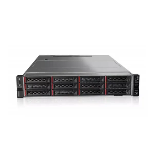 Front view of a server rack unit featuring several drive bays and a sleek metal design.