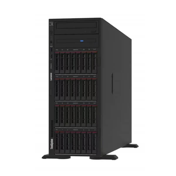A high-performance Lenovo ThinkSystem server featuring multiple drive bays and a sleek black design.