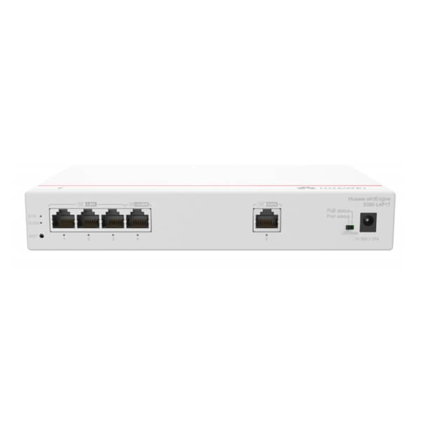 White network switch with four Ethernet ports on a plain background.