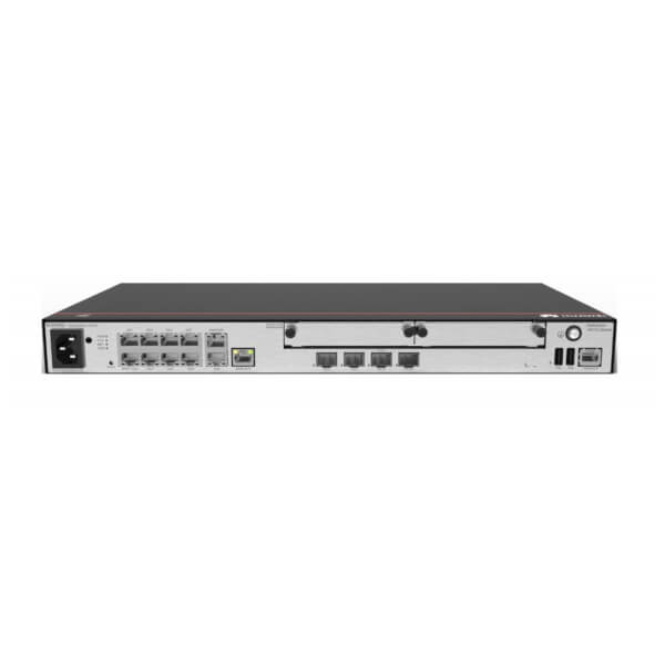 Rear view of a rack-mountable network switch with various ports and connections on a white background
