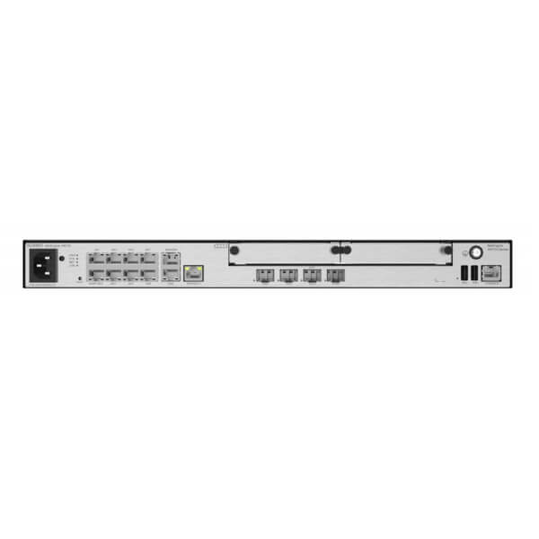 Rear view of a network switch showing power supply, ports, and connectors on a white background