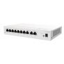 A white network switch with multiple ethernet ports on a plain background