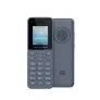 Alt text: An image of a Grandstream branded wireless office phone, shown alongside its charging cradle. The phone has a color screen displaying the time and date, with a numeric keypad and function buttons below.