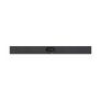 A slim, black soundbar with a central speaker grille and integrated subwoofer visible.