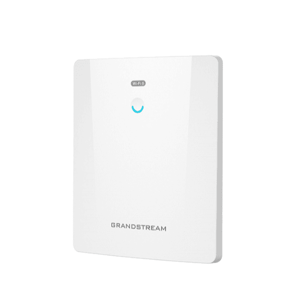 A white Grandstream Wi-Fi access point mounted on a white background, featuring a prominent company logo and a blue Wi-Fi signal indicator light.