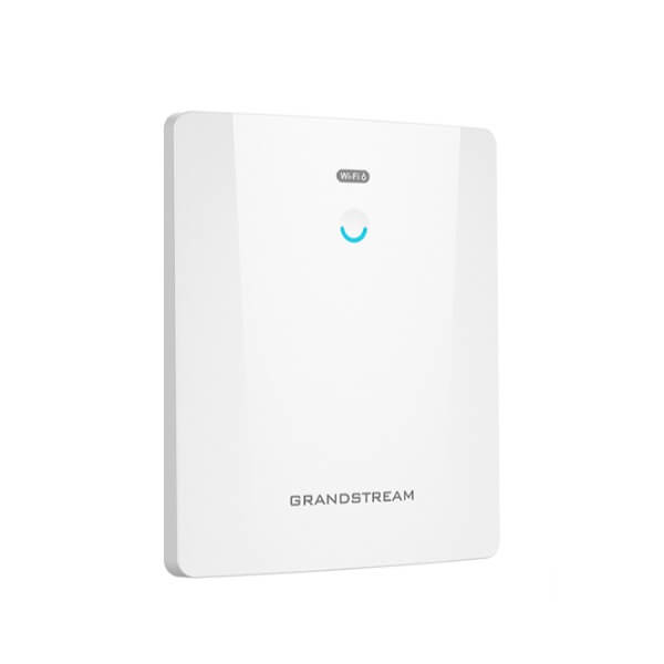 A white Grandstream Wi-Fi access point with a status LED lit in blue, against a plain background.