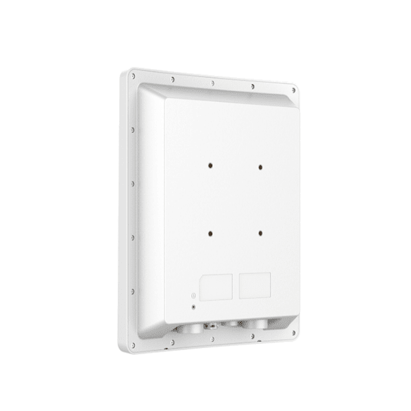 An isolated image of a white, square-shaped electronic device with a blank front panel, surrounded by a border with multiple screw holes, possibly an access point, junction box, or control panel.