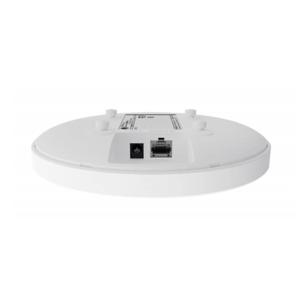 White circular ceiling-mounted wireless access point with Ethernet ports visible on its underside.