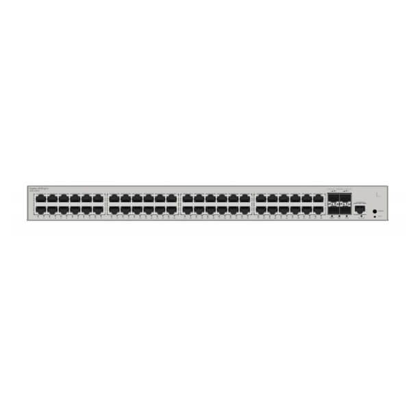 Front view of a 48-port Ethernet network switch with rack mount design.