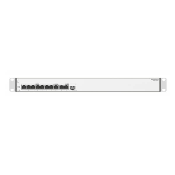 Front view of a rack-mounted network switch with multiple Ethernet ports and status LEDs
