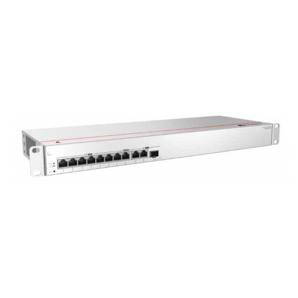 Front view of a rack-mounted Ethernet switch with multiple ports