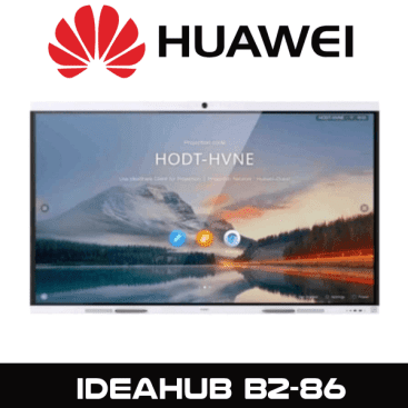 A Huawei IDEAHUB B2-86 interactive whiteboard with a scenic mountain wallpaper on screen.