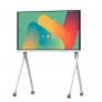 A modern digital whiteboard with a colorful display on a mobile stand with wheels.