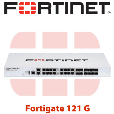 A Fortinet Fortigate 121G network security appliance against a logo backdrop
