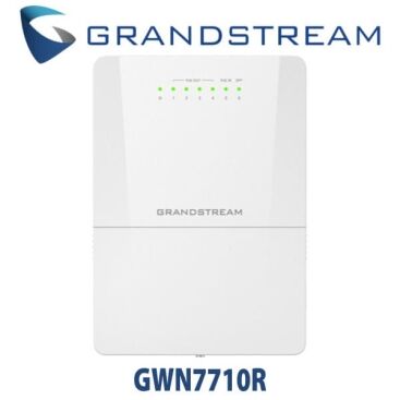 A sleek white wireless access point with indicator lights, featuring the Grandstream logo and model name GWN7710R prominently displayed.