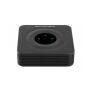 A compact black VoIP device with a round control interface and clear indicator lights from Grandstream.
