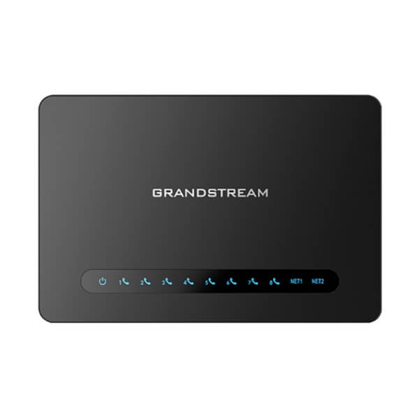 A sleek black Grandstream VoIP gateway with illuminated buttons indicating power and network status.