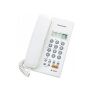 A white corded telephone with a numeric keypad and a digital display, featuring a spiral cable and labeled brand logo.
