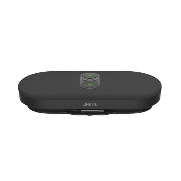 A black oval-shaped wireless speaker with a central playback control button and the brand name "LINKVIL" visible on the front.