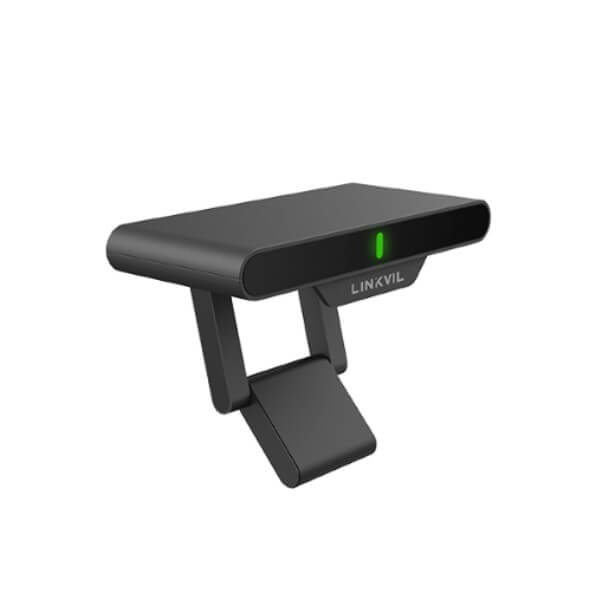 A black, modern-looking webcam with a green indicator light, featuring the brand name "LINKVIL" on its front, mounted on a stable stand.