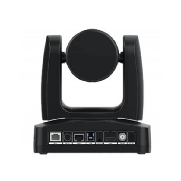A black conference camera with a circular head and an adjustable base showing multiple connectivity ports at the back.
