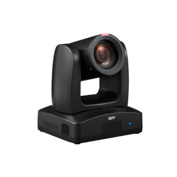 A professional black PTZ (pan-tilt-zoom) camera with a prominent lens and brand logo, positioned on its motorized support base with indicator lights visible.