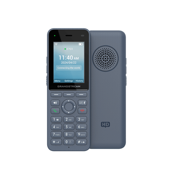 A cordless Grandstream office phone with a display showing the time "11:40 AM" and date "2024/04/22" along with the text "Connecting the world", placed vertically next to its charging dock.