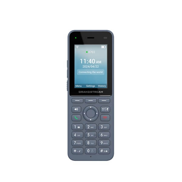 A Grandstream cordless phone with a numeric keypad and a screen displaying the time and the message "Connecting the world."