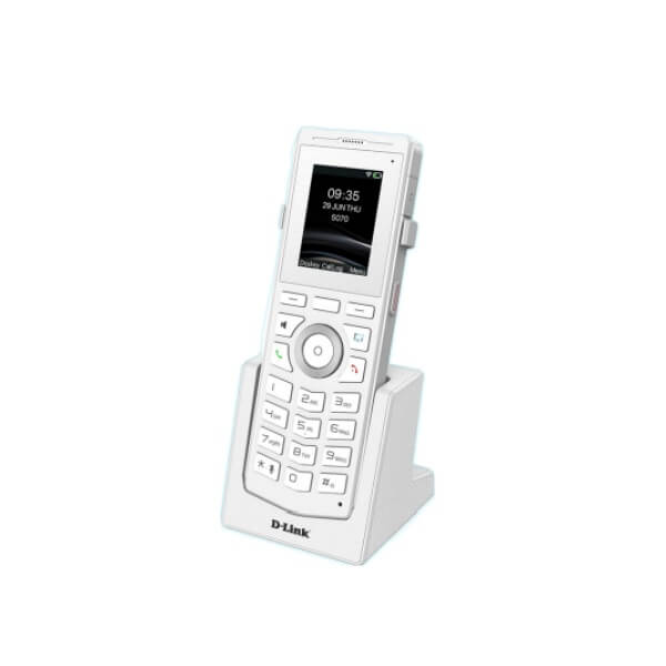 A white cordless phone in a charging cradle, displaying time and date on its screen, with the brand D-Link visible.