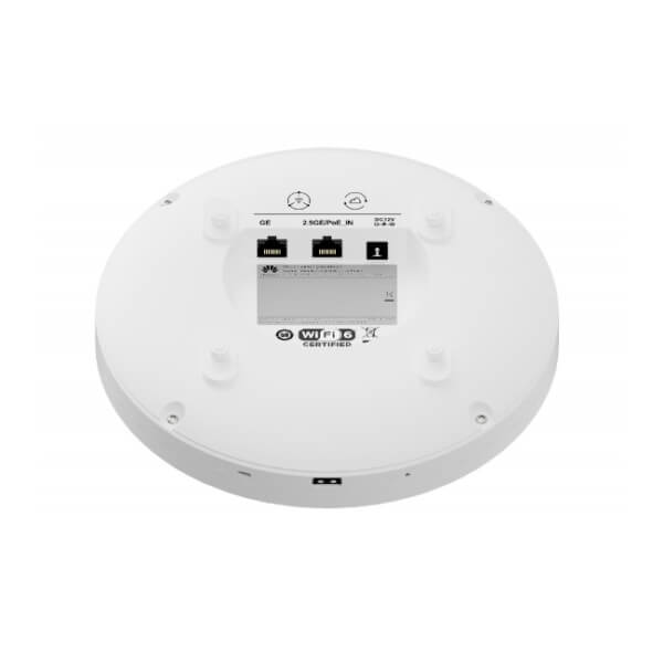 Image of a white, ceiling-mounted wireless access point with ethernet ports and LED indicators.