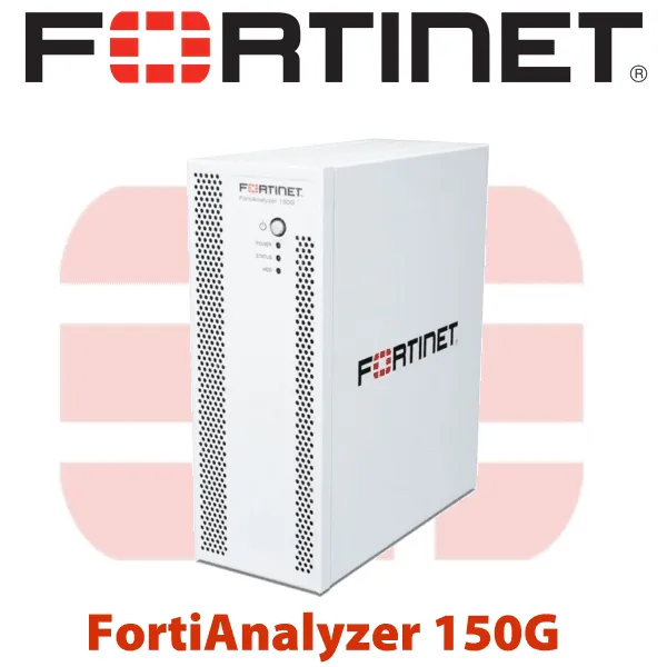 A Fortinet FortiAnalyzer 150G network security appliance on a white and red background.