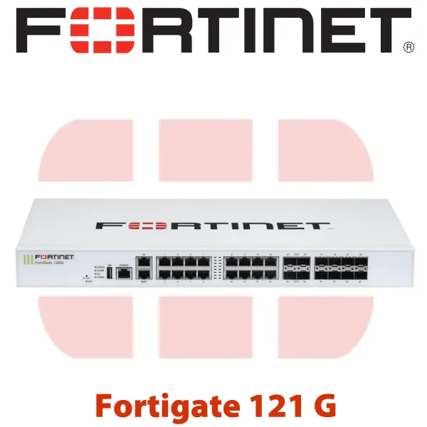 A Fortinet Fortigate 121G network security appliance against a logo backdrop