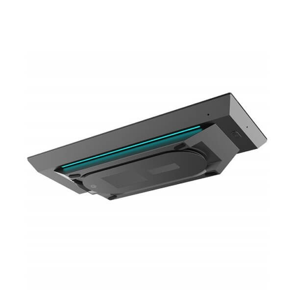 An overhead barcode scanner with a green illuminated line and a black casing, isolated on a white background.