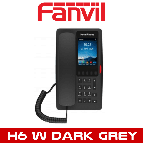 A dark grey Fanvil H6W hotel phone with a corded handset and a digital screen display on a white background.