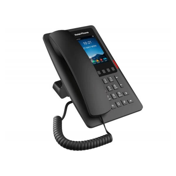 A black modern desk phone with digital screen displaying time and date on an isolated white background.