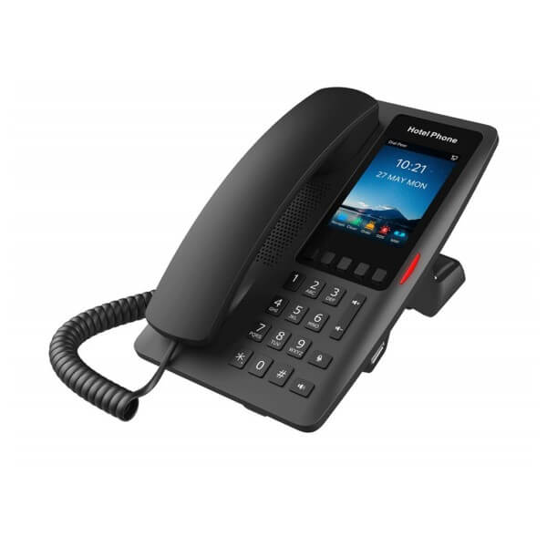 Black office desk phone with digital display and corded handset.