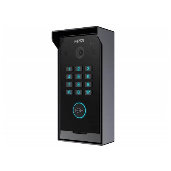 A sleek black access control keypad with numeric buttons and built-in camera, against a white background.