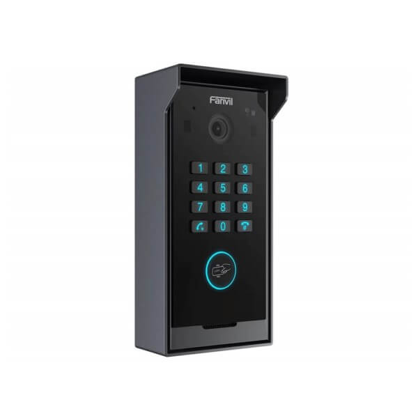 A black access control device featuring a numeric keypad, a camera, and a circular fingerprint scanner with a blue illuminated ring.