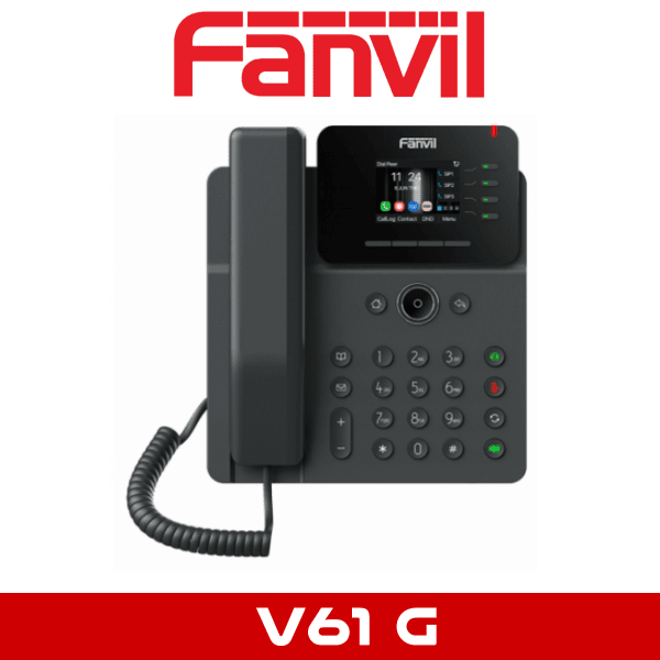 A black Fanvil V61 G IP phone with handset and digital display on a white background.