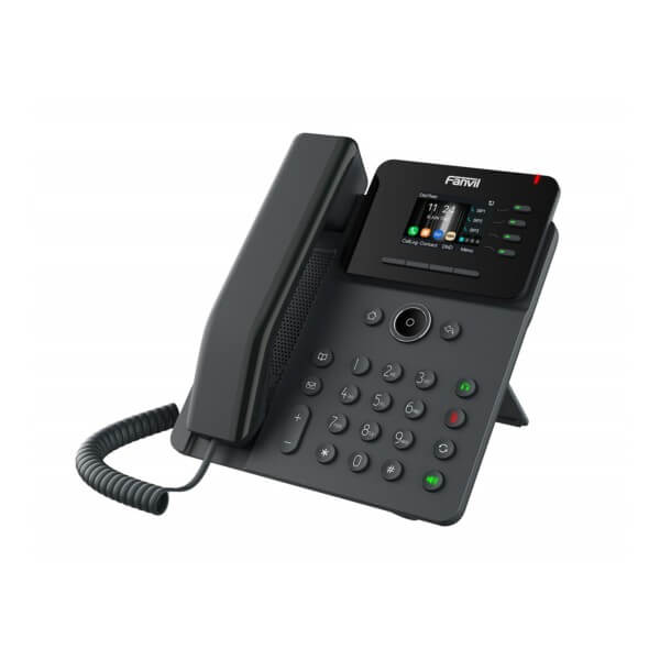 A modern black desk phone with digital display and multiple buttons on a white background.